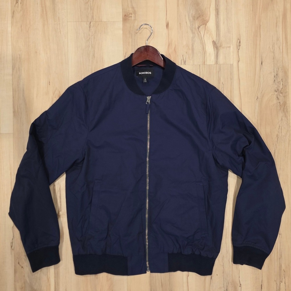 Bonobos Mens Navy Blue Full Zip Bomber Jacket Size M Ribbed Trim Lightweight